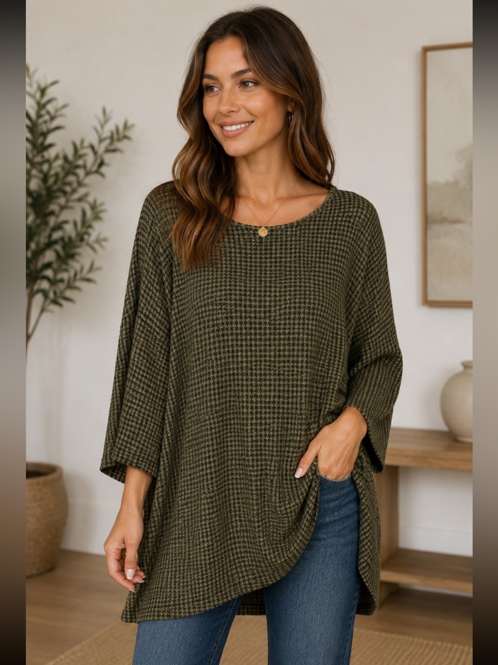 TAPEMEASURE Vintage Houndstooth Tunic Olive Green Boat Neck Lagenlook Size L